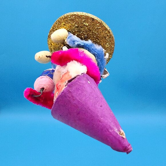 Vintage 1950s Japan Putz Elf Gnome Spun Cotton Lantern Purple Hat Christmas Deco - Picture 9 of 10